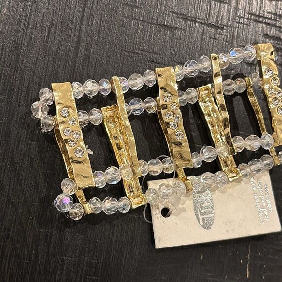 NWT Tint Clear Bead Beaded Rhinestone Stretch Thick Bracelet Gold Tone Hammered - Picture 5 of 6